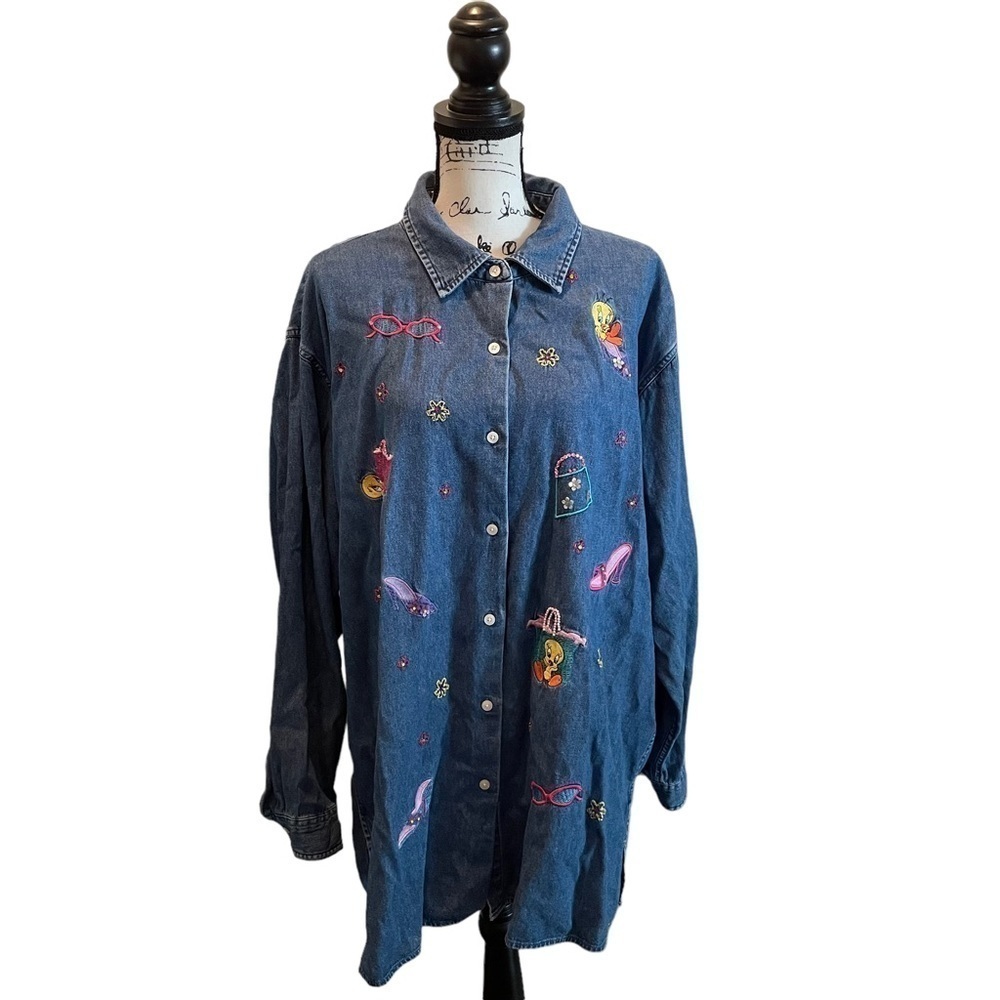 Vintage TWEETY WB Warner Brothers Jean button shirt Blue Size XXL Oversized